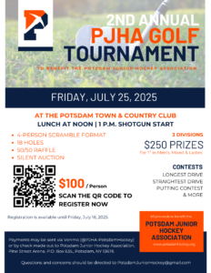 Join us for the 2nd Annual PJHA Golf Tournament on Friday, July 25 at the Potsdam Town &amp; Country Club!
It’s the perfect way to kick off your weekend — a fun day on the course while supporting our local hockey kids! 🏒💙🧡
Grab your clubs and join us!
.