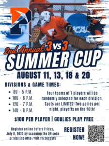 Registration Still Open – Limited Spots!

PJHA’s 2nd Annual Summer Cup 3-on-3 is happening August 11, 13, 18 &amp; 20 at SUNY Potsdam’s Maxcy Hall.

Divisions: 8U, 10U, 12U, 14U
Time Slots:
8U – 5PM | 10U – 6PM | 12U – 7PM | 14U – 8PM

$100 per player (goalies free)

- Teams of 7 are randomly assigned
- 2 games per night + playoffs

📍 Register now: https://go.teamsnap.com/forms/486060

Spots are limited—sign up today! 